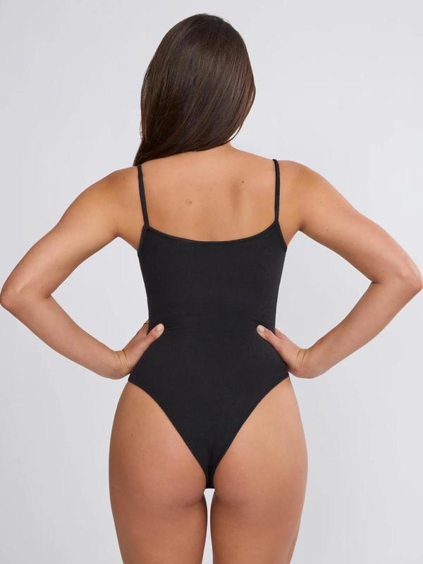 Women's Sexy Solid Backless Open Crotch Design Cami Bodysuit, Casual Basic Minimalist Sleeveless Spaghetti Strap Bodysuit for Summer, Lady's Comfort Clothes for Daily Wear, Womenswear